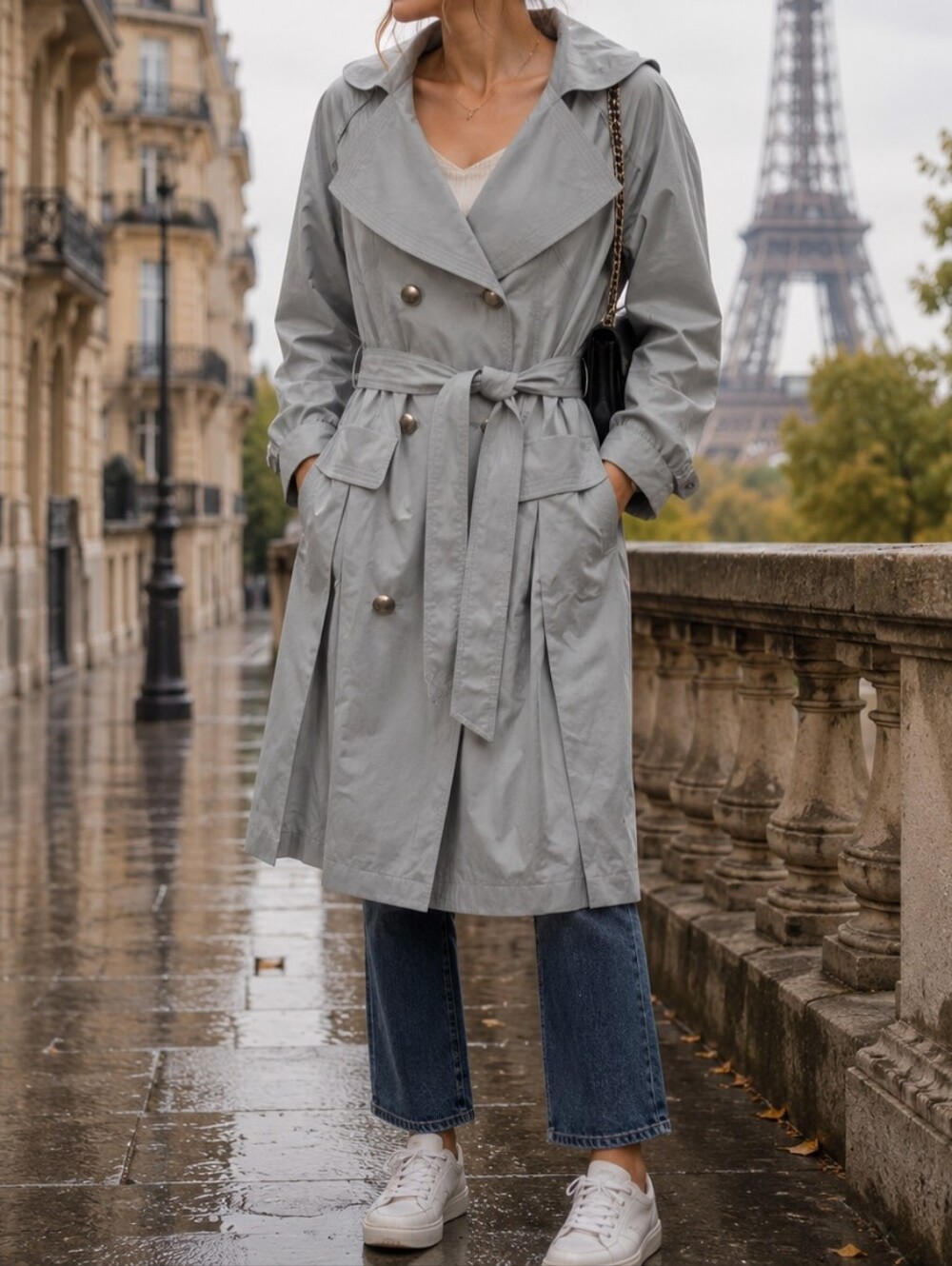 Vertigo Paris Light Gray Hooded Double-Breasted Trench